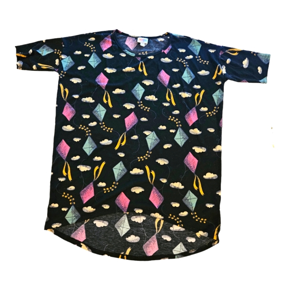 LuLaRoe Black Irma Hi-Lo Tunic with Multicolored Kite Pattern Size Small